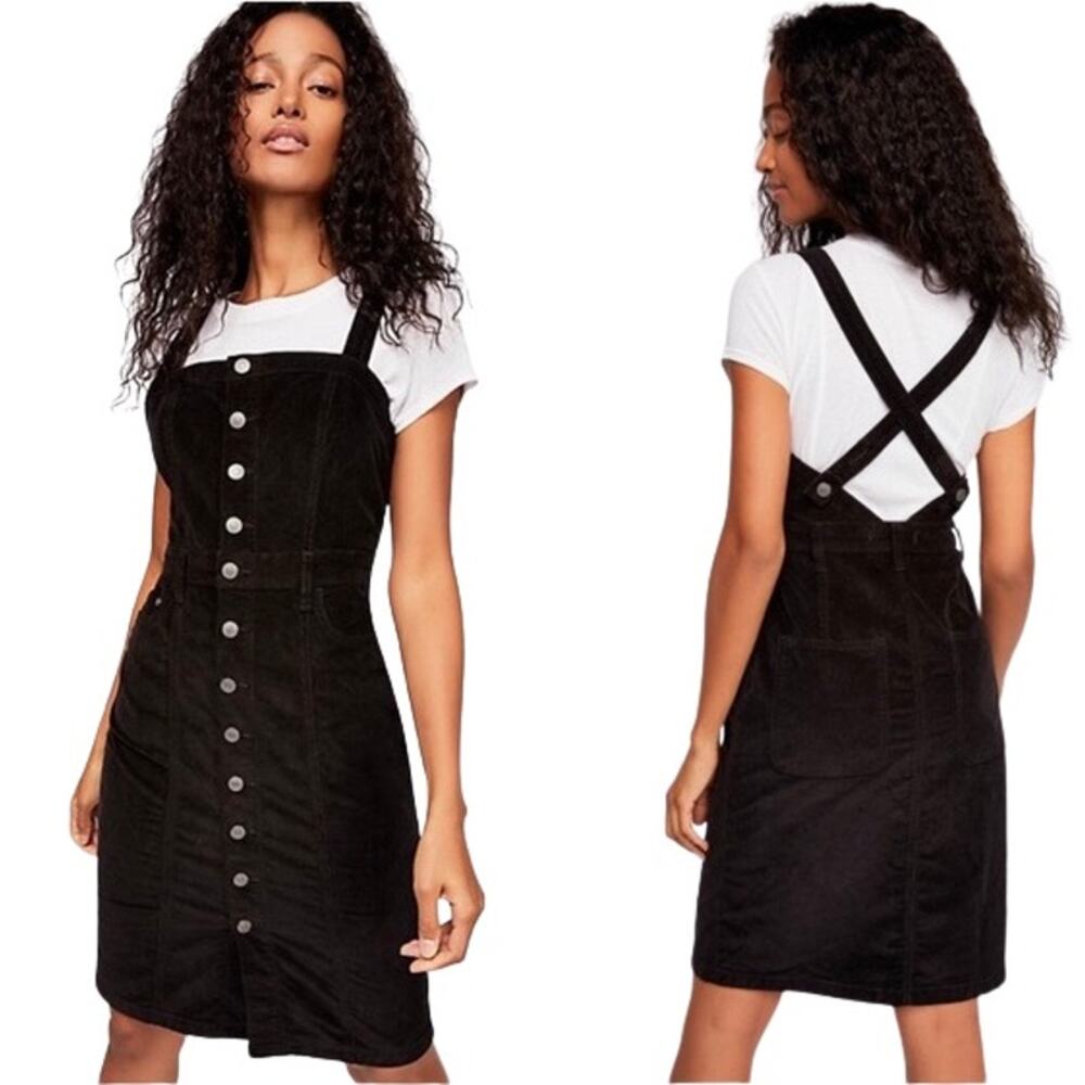 Free People Black Overall Corduroy Button Front Adj Strap Jumper Mini Dress Sz 8